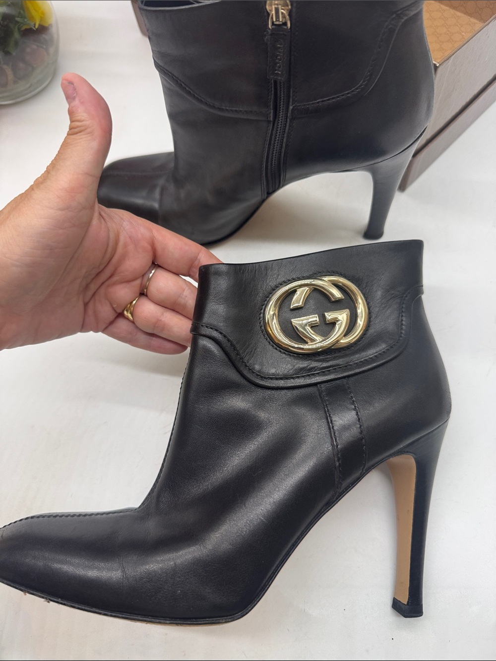 Gucci Black Leather Heeled Boosts Style 163306 with box Size 8.5 - Picture 2 of 15